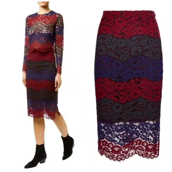Sandro Red Blue Lace 2 Piece Long Sleeve Lined Pencil MIDI Skirt Set Size 3 US 8 - Picture 2 of 11